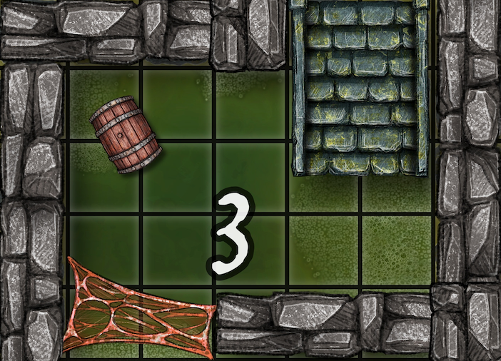 Dungeon A Day - Cragcoast Waterway Day 3 Dungeon scene with a barrel, a number 3, raw meat, and stone steps.