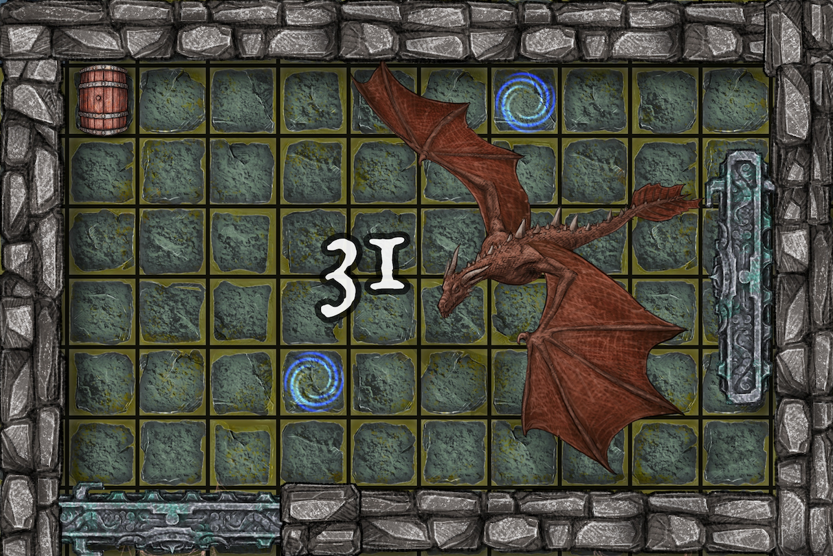 Dungeon A Day - Cragcoast Waterway Day 31 Dungeon scene with a red dragon, two blue glyphs,