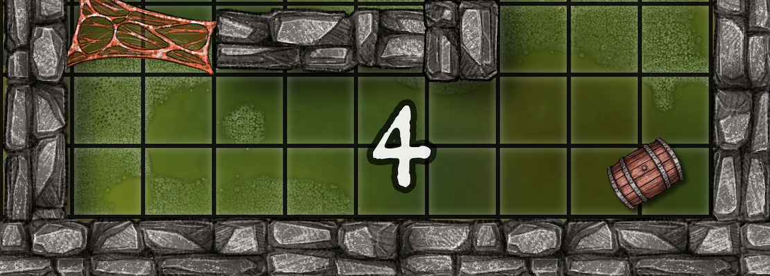 Dungeon A Day - Cragcoast Waterway Day 4 Dungeon floor tiles with wooden crate, number 4, and barrel.