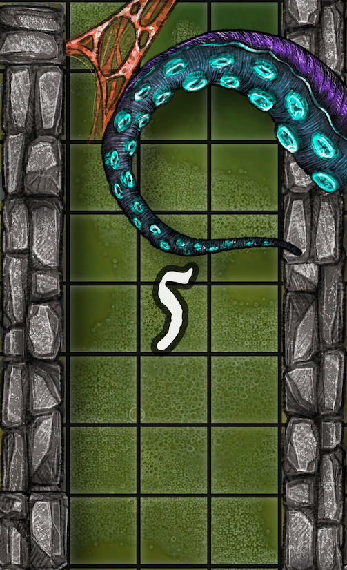 Dungeon A Day - Cragcoast Waterway Day 5 A green dungeon with a tentacle overhead, and a white