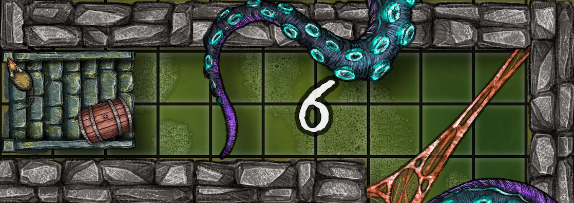 Dungeon A Day - Cragcoast Waterway Day 6 Dungeon scene with tentacle, number 6, barrel, and weapon.