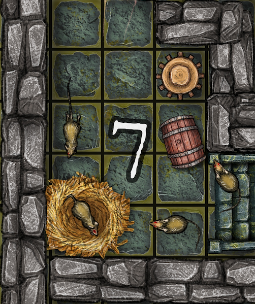 Dungeon A Day - Cragcoast Waterway Day 7 Dungeon scene: a number 7, a nest, gear, barrel, and several mice.