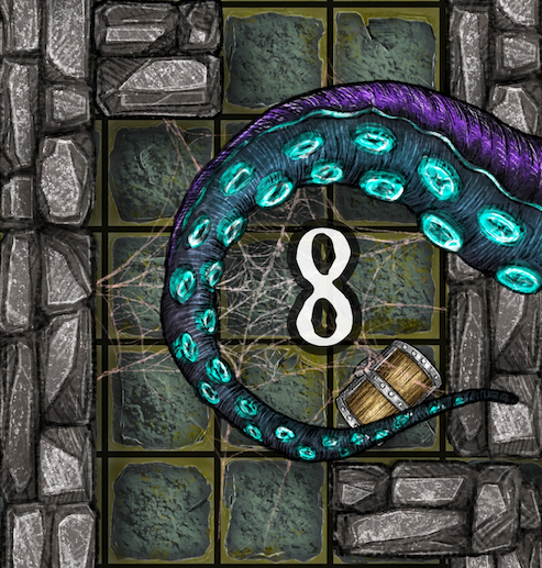 Dungeon A Day - Cragcoast Waterway Day 8 A dungeon scene with a teal and purple tentacle and the number 8 near a treasure chest.