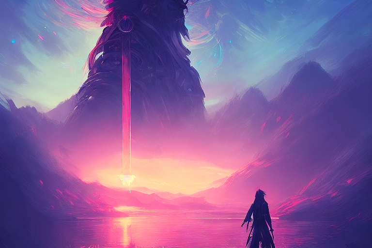 A figure facing a towering structure with a beam of light. Purple and pink mountains and sky, water in the foreground.