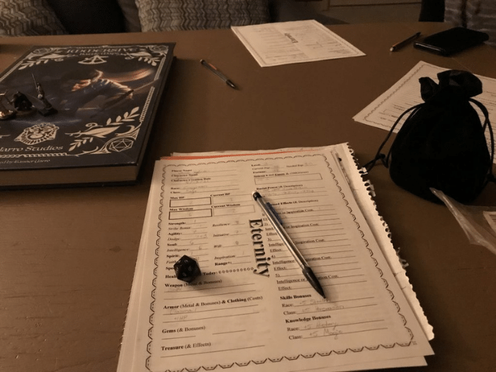 A tabletop scene with character sheets, dice, a book, a pen, and a pouch, likely for a role-playing game.