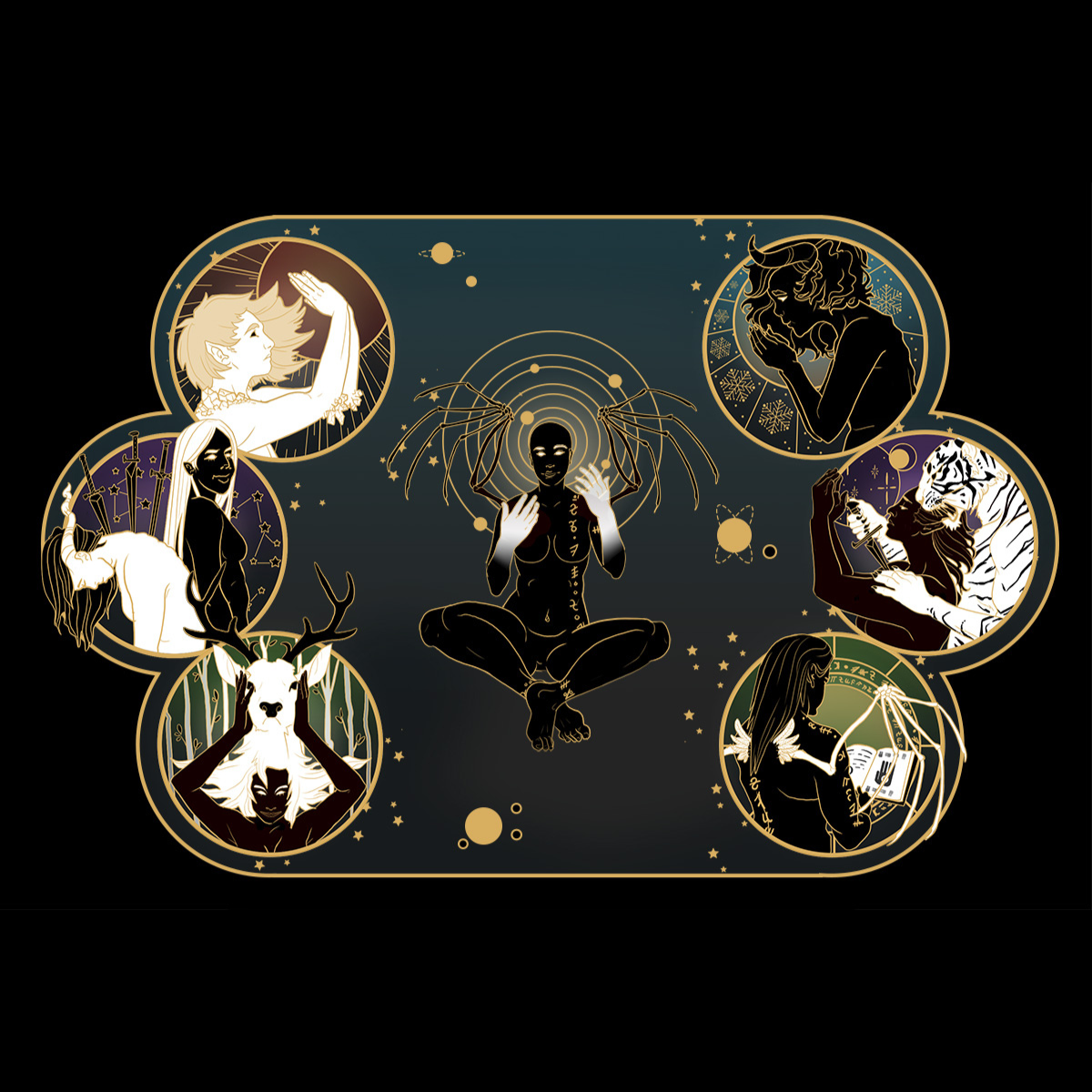 Central figure meditating surrounded by circular figures