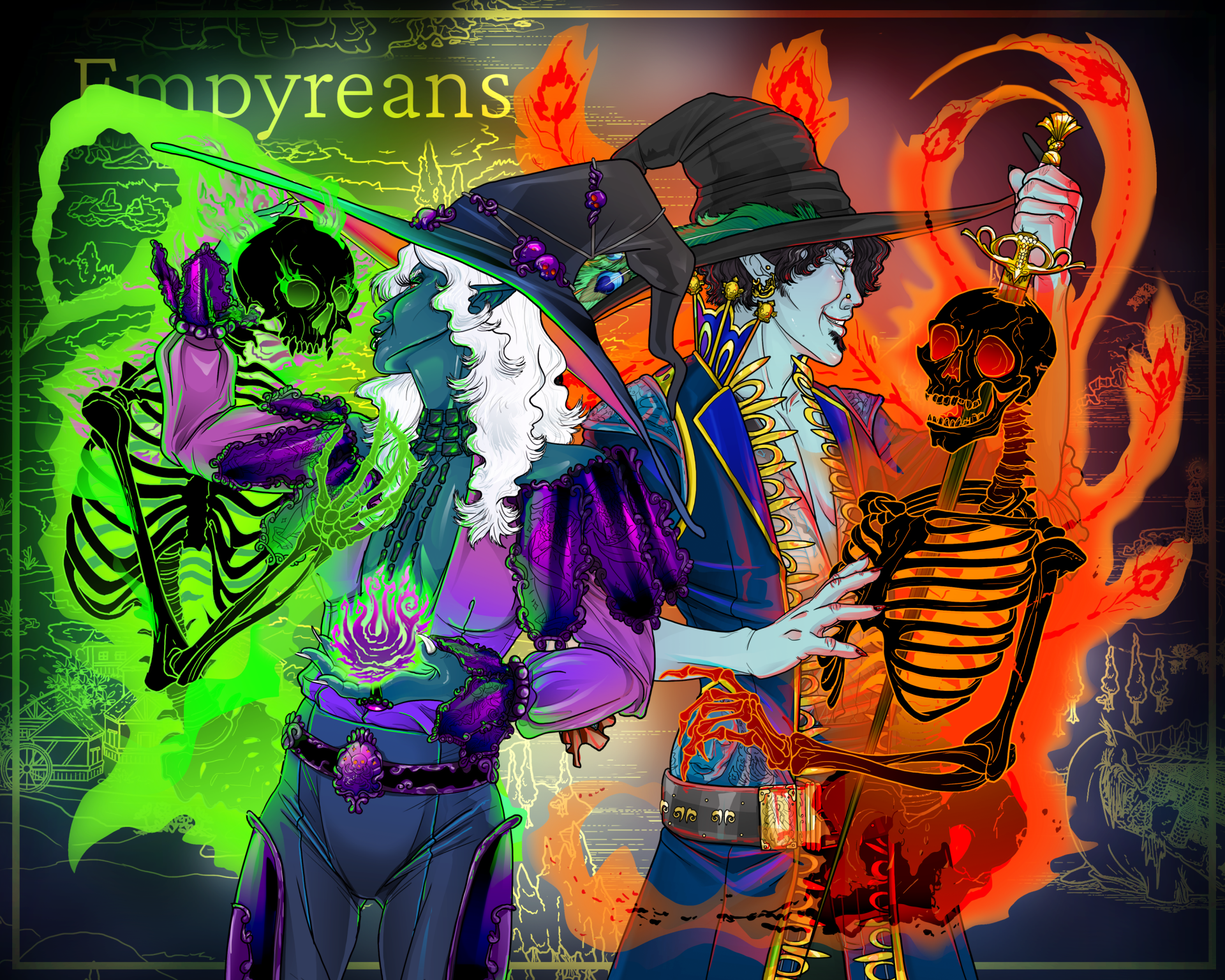 Two figures in witch hats surrounded by green and orange energy with skeletons.