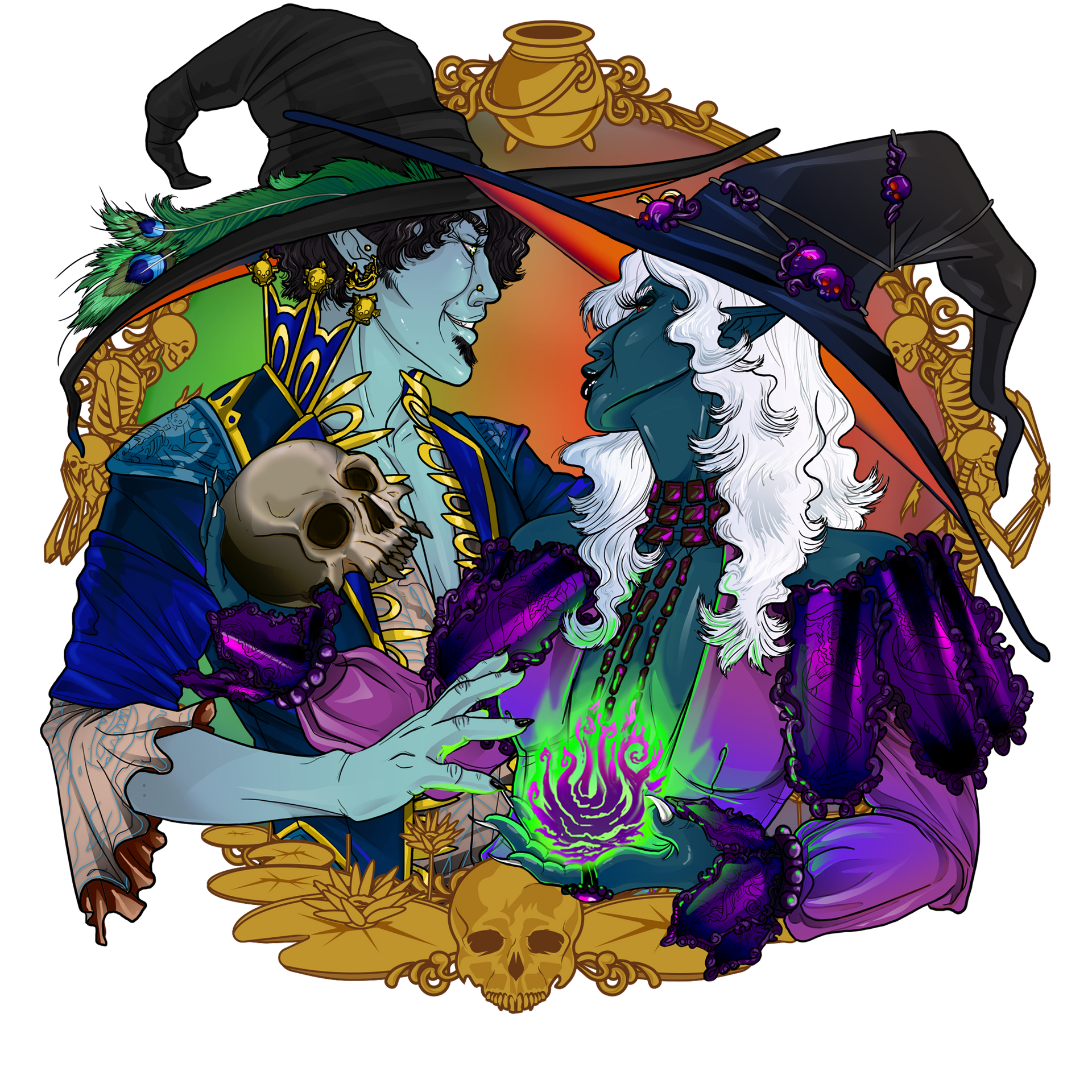 New Art Coming Soon Two figures in ornate frames. One with blue skin, holding a sword, smiles. The other, green, holds a glowing orb.