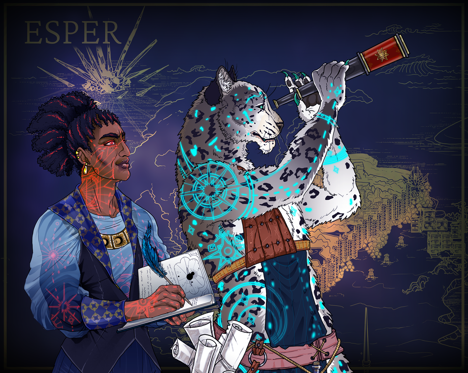 Woman and snow leopard-like figure observing stars