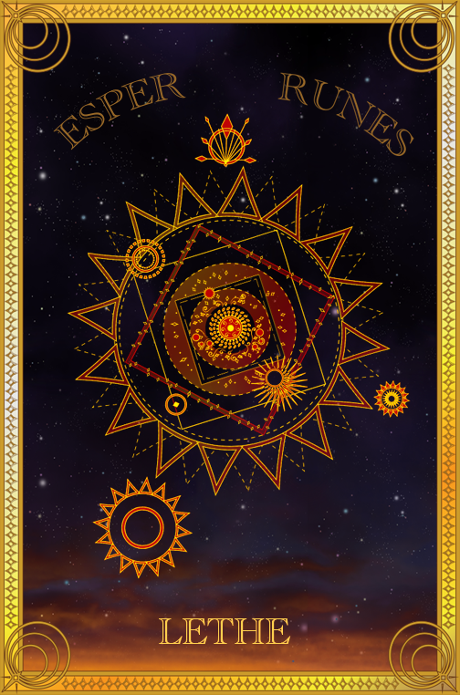 Esoteric illustration of golden runes on a cosmic background, titled 
