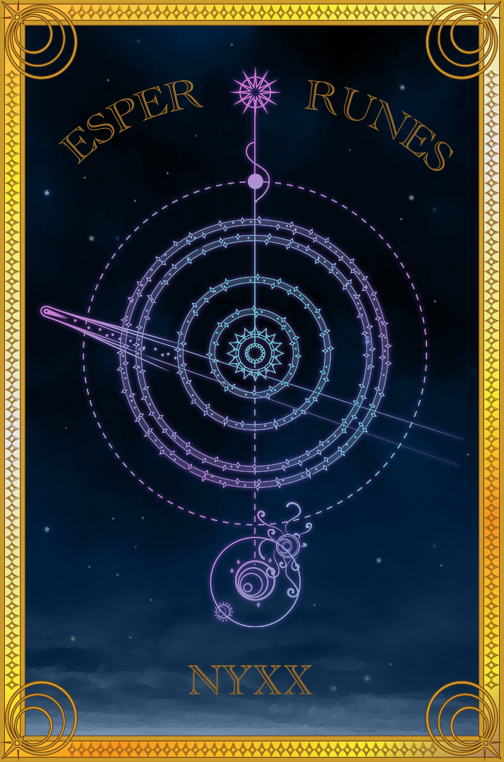 Esper Runes card with a celestial design and the name NYXX. Dark blue background, gold frame.