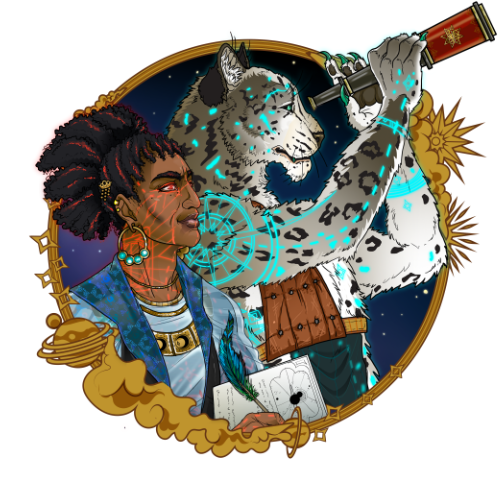 Eternity TTRPG Esper Race Icon Human and leopard hybrid looking through telescope, writing in journal. Gold frame, starry background.