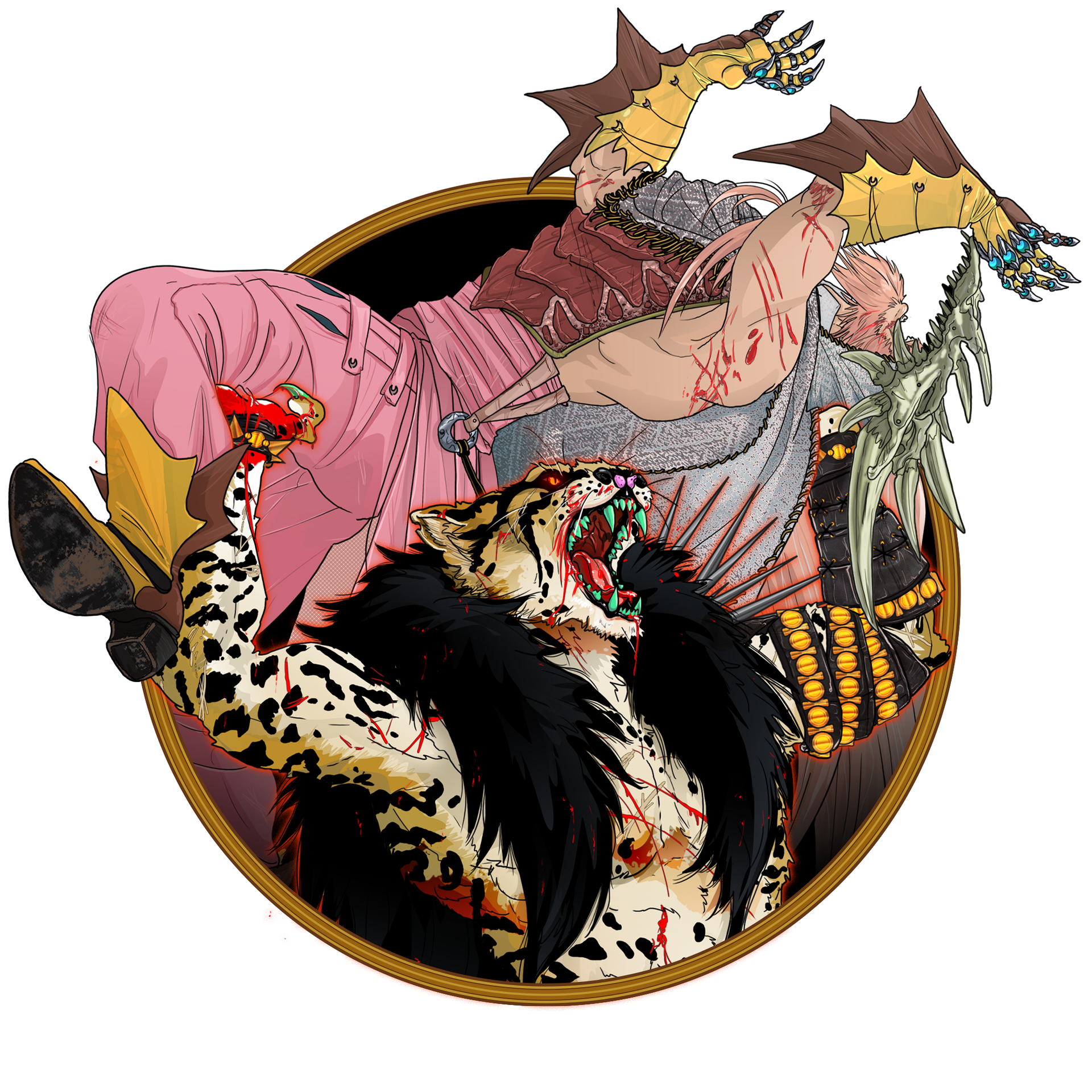 A fierce, spotted humanoid snarling, bloodied, with a pink shirted person in its claws, framed in a gold circle.