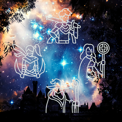 Outline of four fantasy figures against a nebula and castle silhouette: knight, fairy, cleric, and wizard.