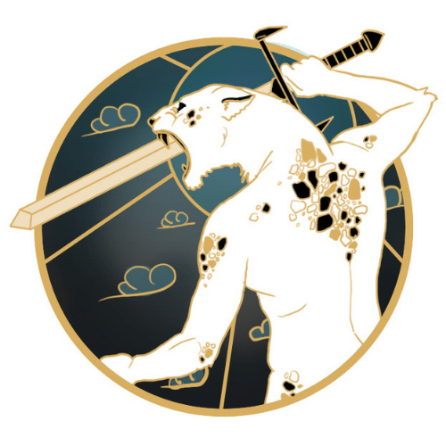 White feline warrior biting a golden sword, wielding a blade in a circular emblem. Dark blue, gold accents.