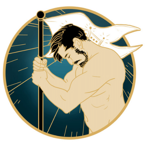 Man clutching a flag, head bowed. Cream figure, black hair, beard, gold flag and frame, dark teal background.