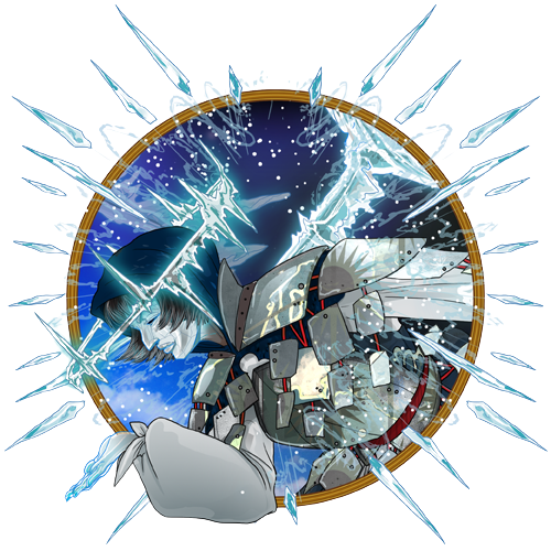 A figure in armored clothing within a blue background with ice shard effects and a golden frame.
