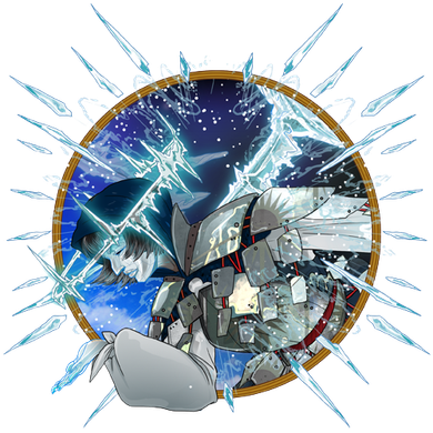 A character with a robotic arm punching with ice shards surrounding them, set against a starry background.
