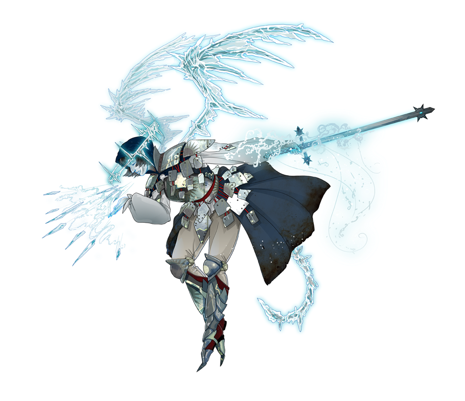 A warrior in silver armor, wielding a staff and ice constructs, posed dynamically against a white backdrop.