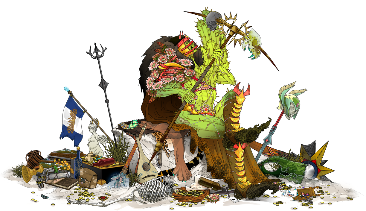 Pile of debris with a distorted green face and various objects, on a white background.