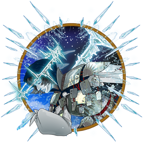 Illustration of a robotic arm with glowing blue energy, inside a circle frame with jagged icy shards.