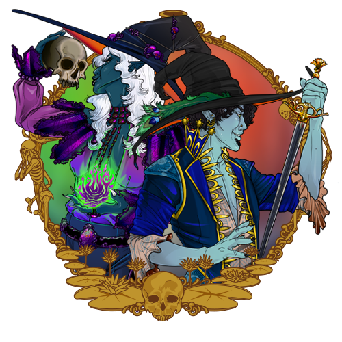 Two witches in ornate frame. One with green flame, one with sword. Dark blue and purple clothing.
