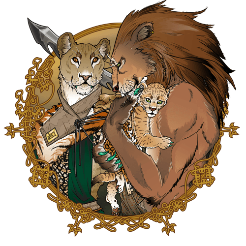 Lion-headed figure holds cub, woman-lion behind with blade. Golden-framed design.