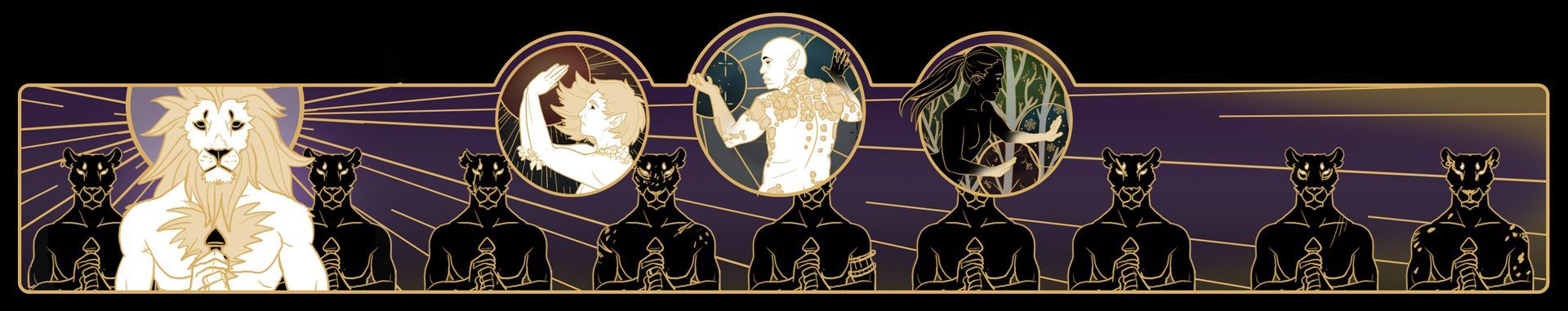 Eternity TTRPG Legionnaire Banner A banner with a lion-like figure, three circular portraits, and silhouettes of people in the bottom.