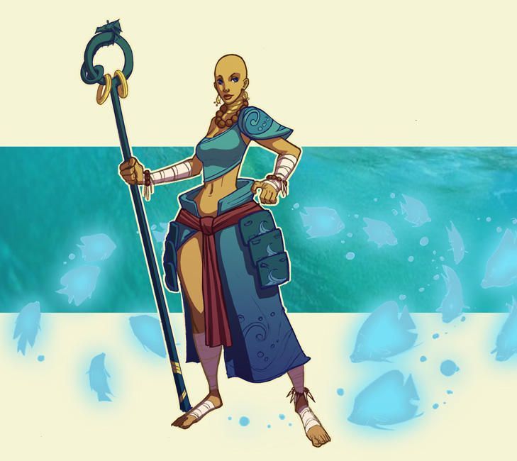 Bald figure in blue robes with a staff, standing before a stylized ocean scene with floating shapes.