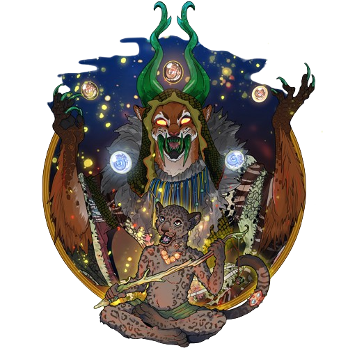Mythical figure with feline features, holding glowing orbs