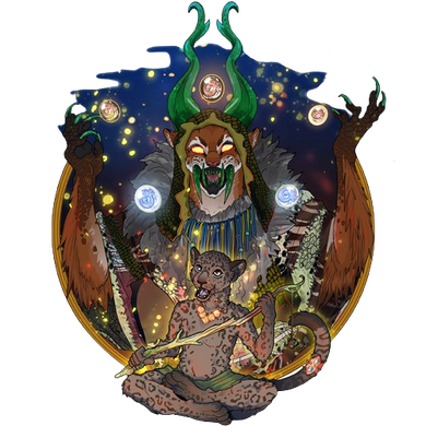 A celestial tiger-like deity with a jaguar playing a flute in a starry night scene. Golden orbs and glowing light.