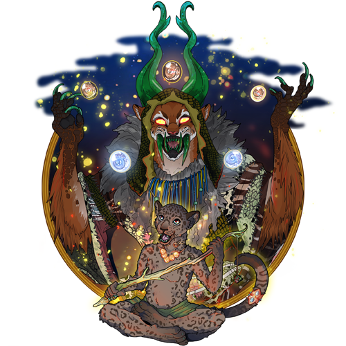 Creature with horns and claws, jaguar-like figure plays flute, with glowing orbs and night sky background.