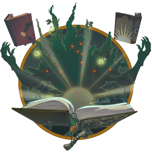 Eternity TTRPG Sage Class - Transparent Open book with glowing center, surrounded by ghostly figures and floating spellbooks.