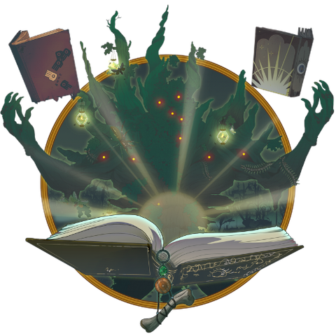 Open book with glowing center, surrounded by ghostly hands, books, and green aura.