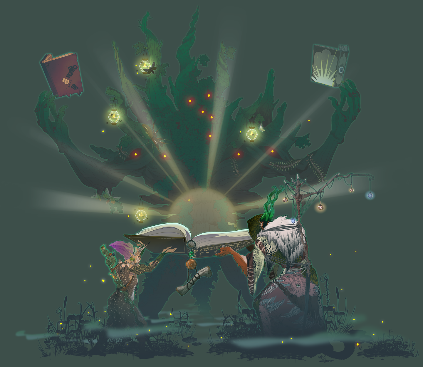 A figure reads a book emitting light, surrounded by floating books and glowing orbs.