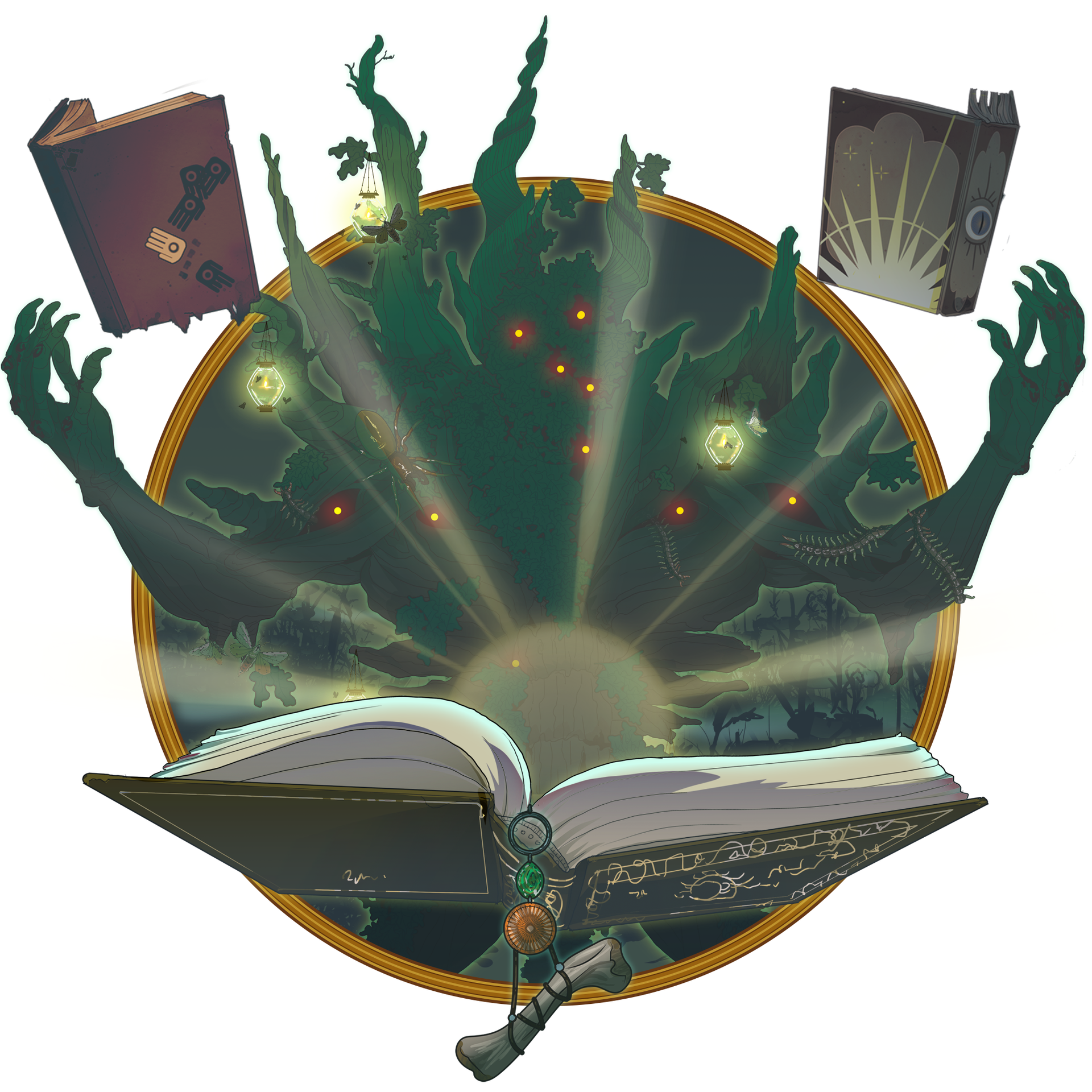 A magical emblem with an open book, reaching hands, books, and a glowing portal.