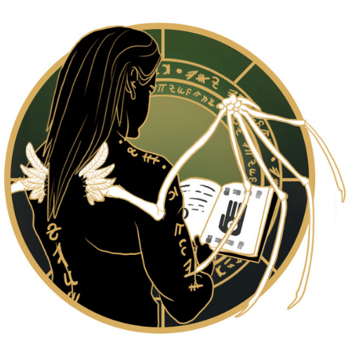 Silhouette of a figure reading a book, surrounded by a circle with symbols. The figure has an arm of bones.