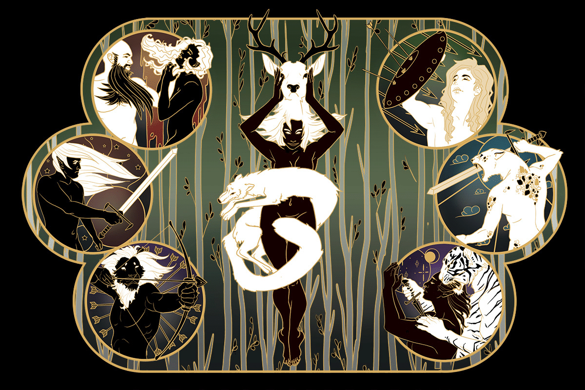 Eternity TTRPG Shop Banner Stylized art. Central deer-like figure, snake, and surrounding circular figures. Dark background with green/gold elements.