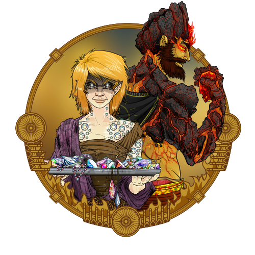 Woman holding gem tray, lava giant behind. Gold frame, purple, brown, red.