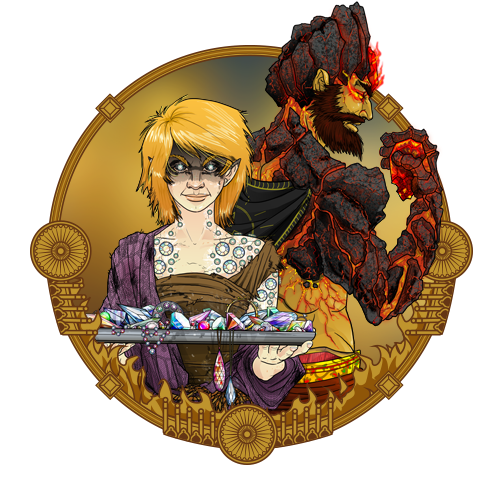 Woman holding jewels, accompanied by a lava-like figure, within a golden emblem.