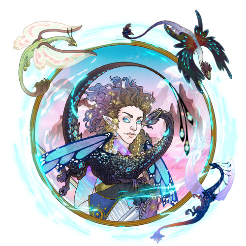 A person with butterfly wings & a snake arm inside a ring with 3 dragons & a pastel mountain background.