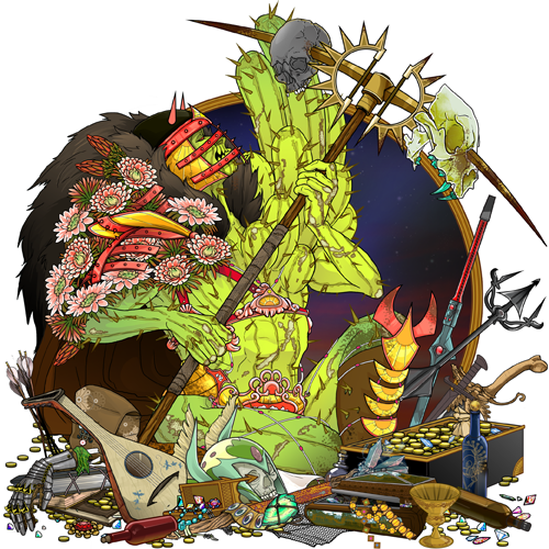 Cactus creature with scythe, surrounded by treasure. Green, yellow, and red colors dominate.