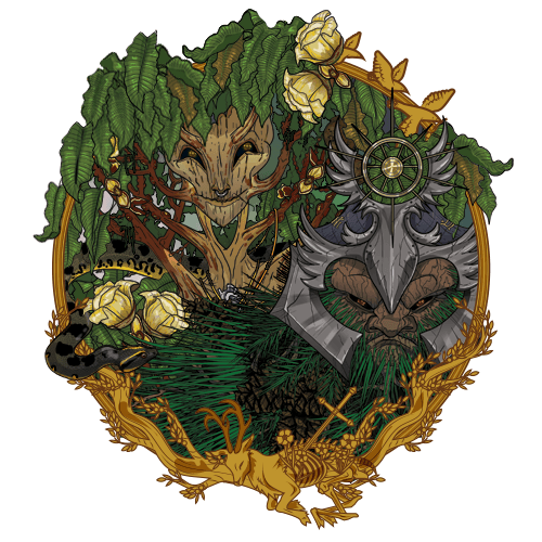 Detailed illustration: tree-like face with helmet, snake, and skeleton within foliage.