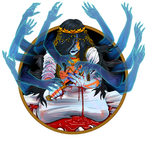 Figure with ghostly arms holds a knife, stabbing self. Blood pools, within a gold-bordered circle.