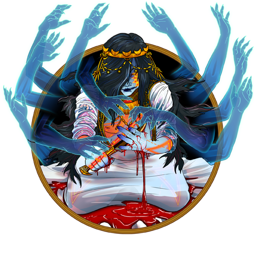 A figure with multiple blue arms, holding a dagger to their chest, surrounded by a gold frame, and pooling blood.