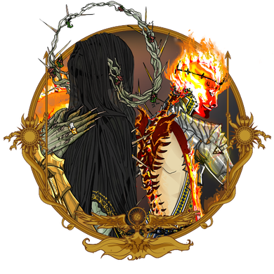 Two figures in a golden frame: one dark and hooded, the other fiery. Both wear thorny crowns.