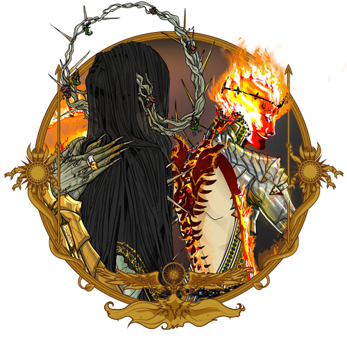 Two figures, one skeletal with flames, the other cloaked in shadow, framed by a spiky wreath, gold border, and sun symbols.