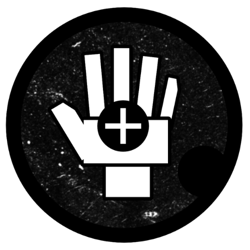 White hand with a plus sign in the center, inside a black circle.