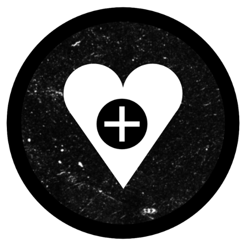 White heart with a black plus sign inside, in a black circle