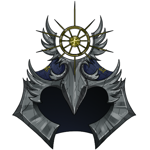 Stylized, metallic emblem featuring a central wheel design
